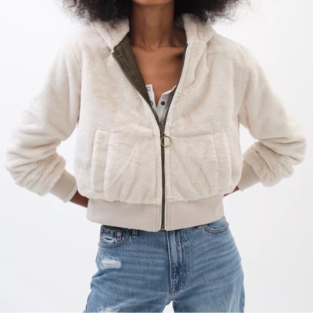 Aeropostale Reversible Olive Green Satin Ivory Faux Fur Bomber Jacket Size XS